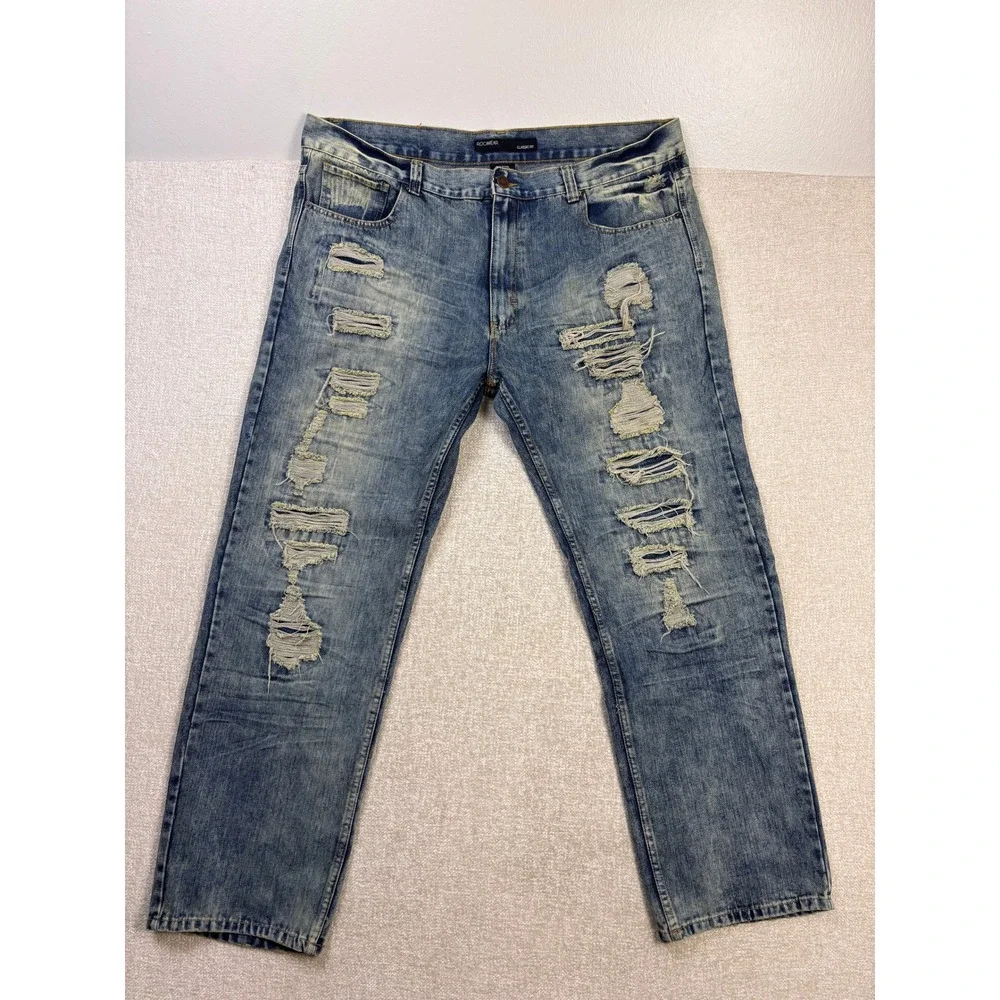 Rocawear Classic Fit Distressed Ripped Blue Denim Jeans Mens 46x32 Streetwear